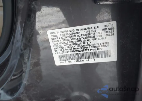 2013 Honda Pilot Touring z USA, uszkodzony, nr VIN 5FNYF4H98DB066721